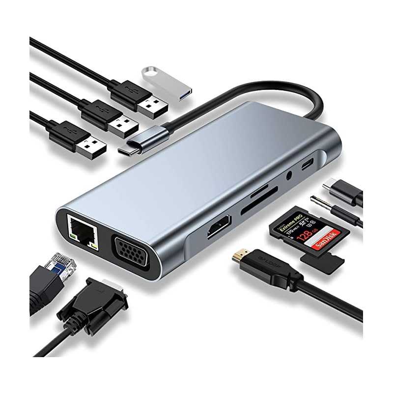 ADAPTATEUR TYPE C TO RJ45 + USB-C + USB 3.0 + SD/TF + HDMI